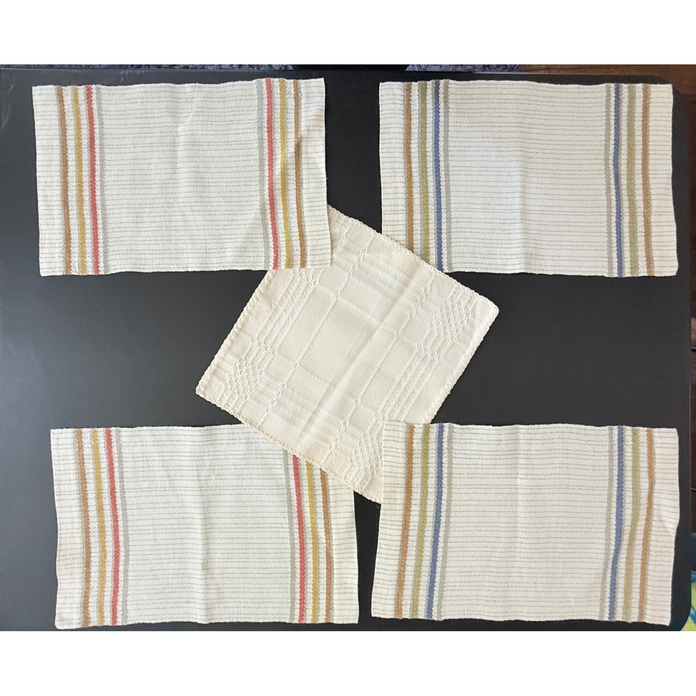 Vintage Handwoven Cotton Napkins and Placemats Set of 5 Multi Stripe Cream